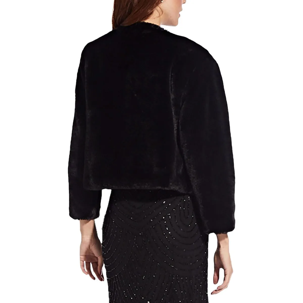 Adrianna Papell Womens Faux Fur Layering Shrug Sweater