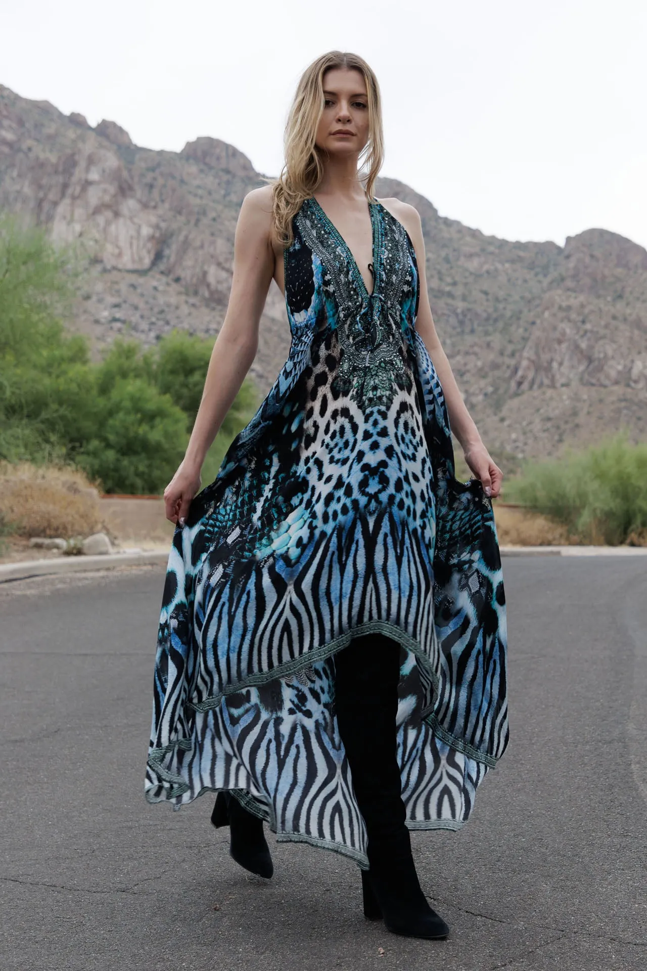 Animal Print Blue Maxi Dress