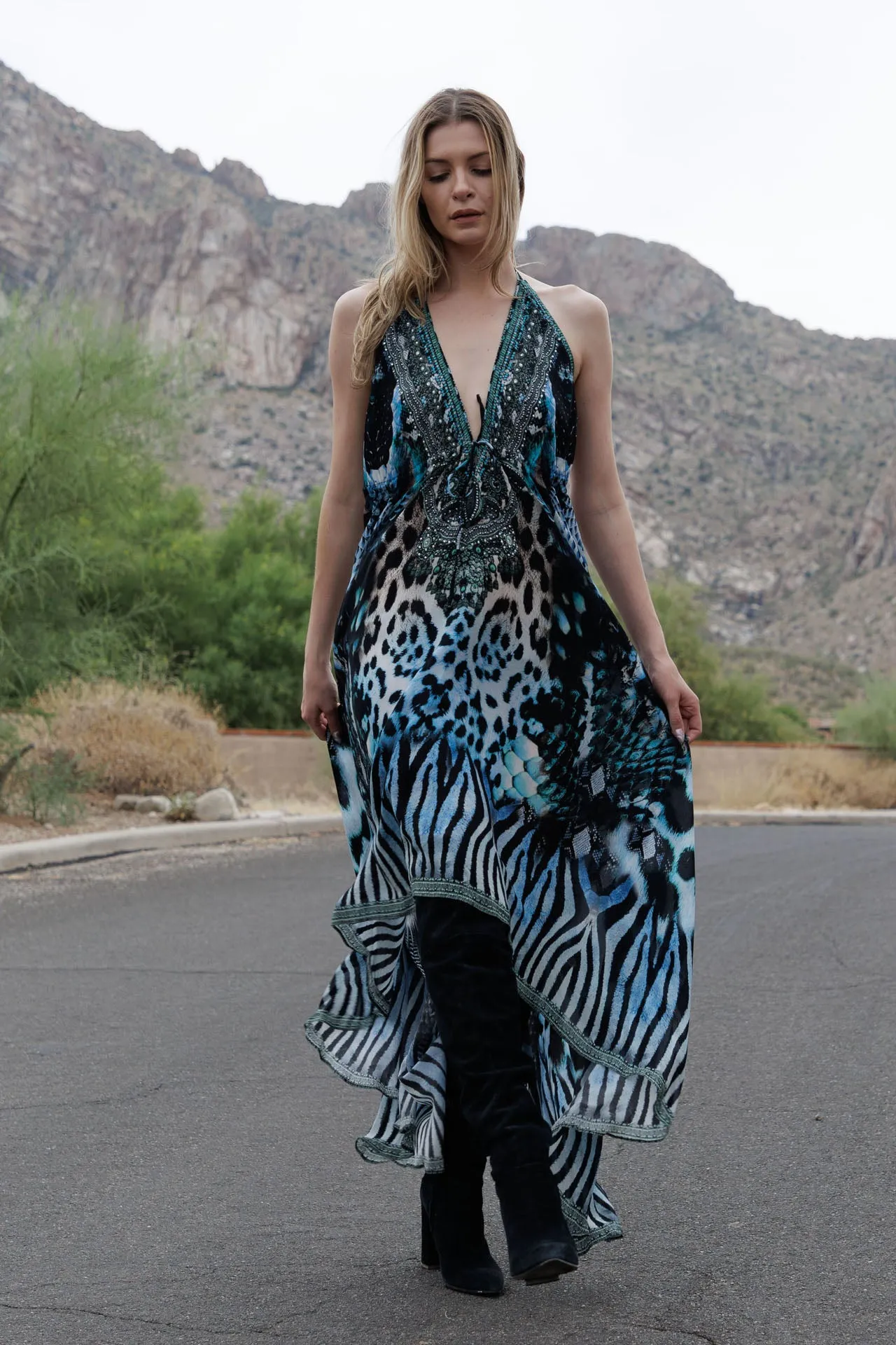 Animal Print Blue Maxi Dress