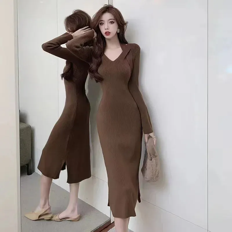 Autumn Winter Knit Kntted Sweater Halter Bodycon Black Midi Dress Women Vintage Wrap Sexy Elegant Dresses Party