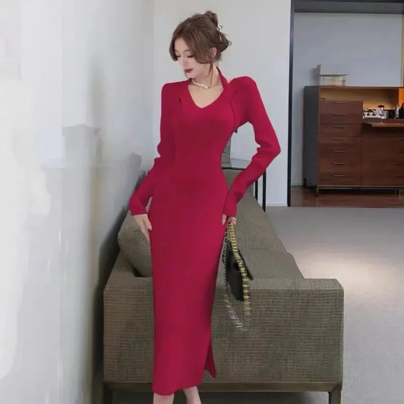 Autumn Winter Knit Kntted Sweater Halter Bodycon Black Midi Dress Women Vintage Wrap Sexy Elegant Dresses Party