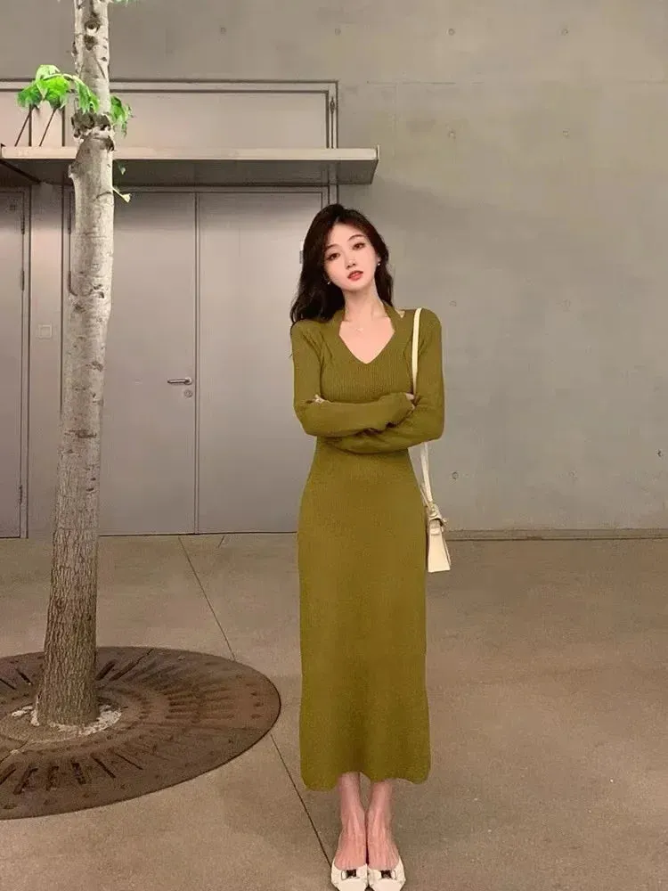 Autumn Winter Knit Kntted Sweater Halter Bodycon Black Midi Dress Women Vintage Wrap Sexy Elegant Dresses Party