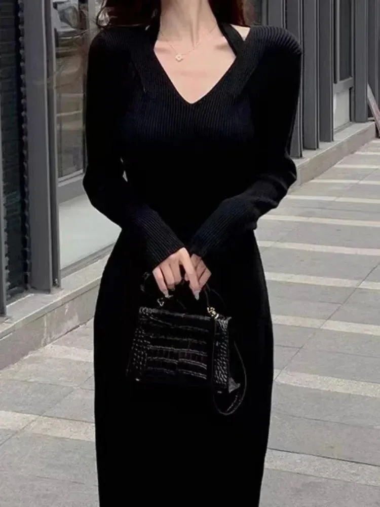 Autumn Winter Knit Kntted Sweater Halter Bodycon Black Midi Dress Women Vintage Wrap Sexy Elegant Dresses Party