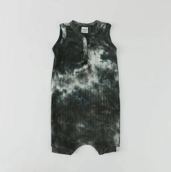 Black & White Tie-Dye Rib Knit Summer Henley Shorts Romper
