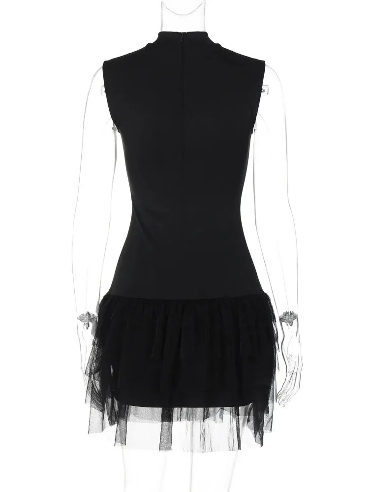 Black Sleeveless Mini Dress with Mesh Skirt for Party