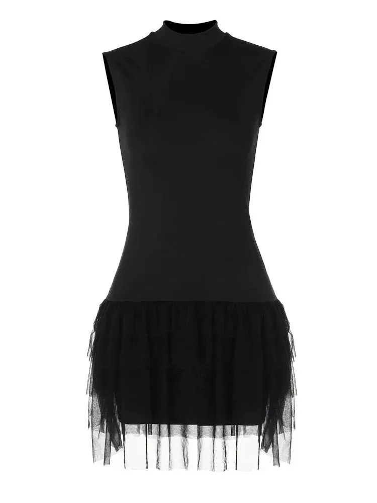 Black Sleeveless Mini Dress with Mesh Skirt for Party