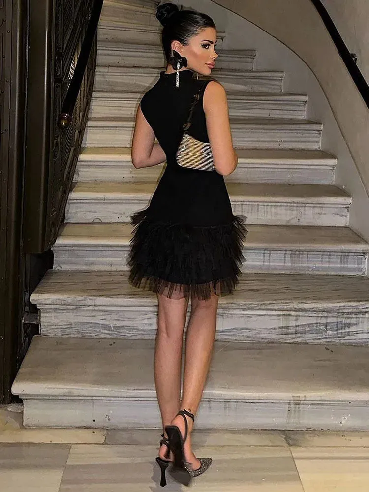 Black Sleeveless Mini Dress with Mesh Skirt for Party