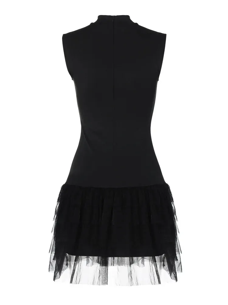 Black Sleeveless Mini Dress with Mesh Skirt for Party