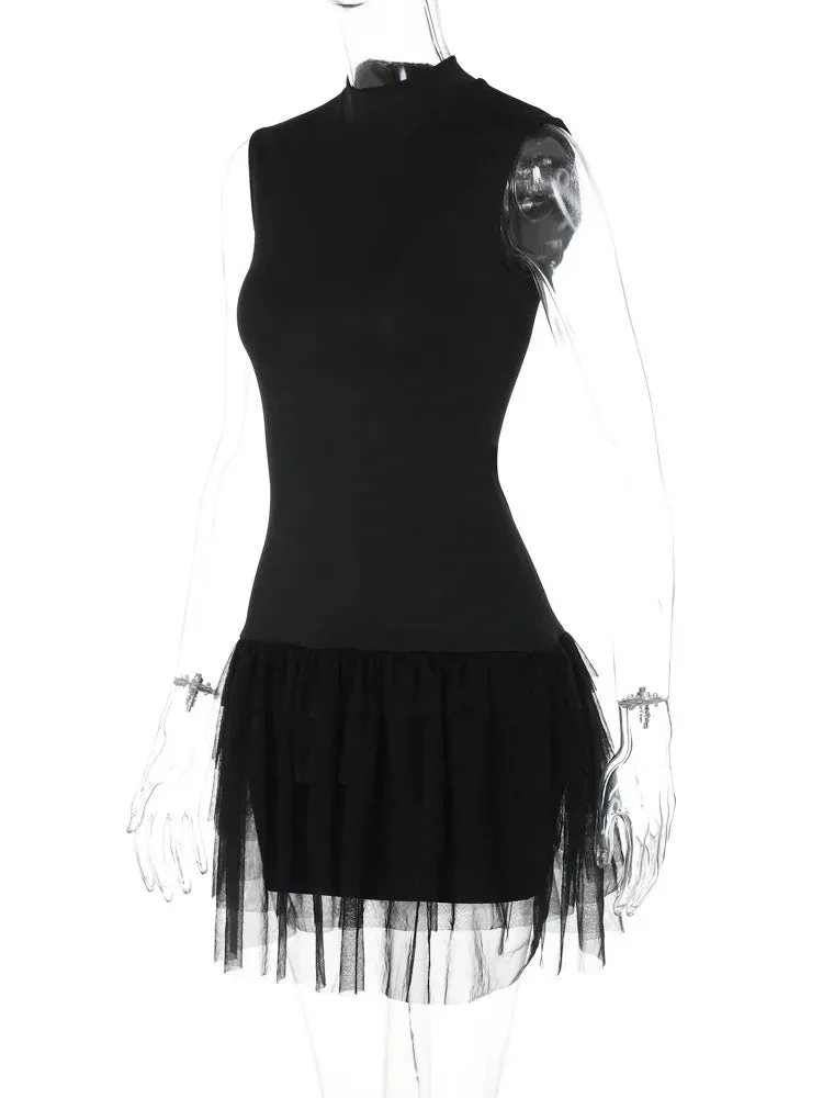 Black Sleeveless Mini Dress with Mesh Skirt for Party
