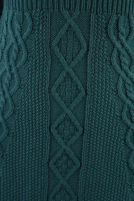 Cable Knit Round Neck 3/4 Slvs Mini Sweater Dress