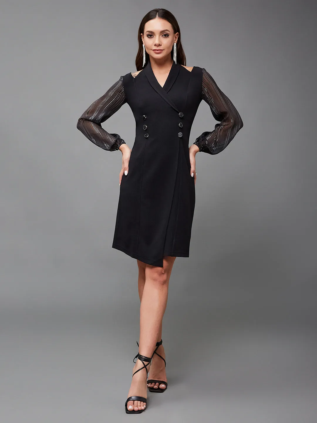 Crease Ease Women's Black Shawl Collar Bishop Sleeves Solid Double Breasted Knee Length Blazer Dress
