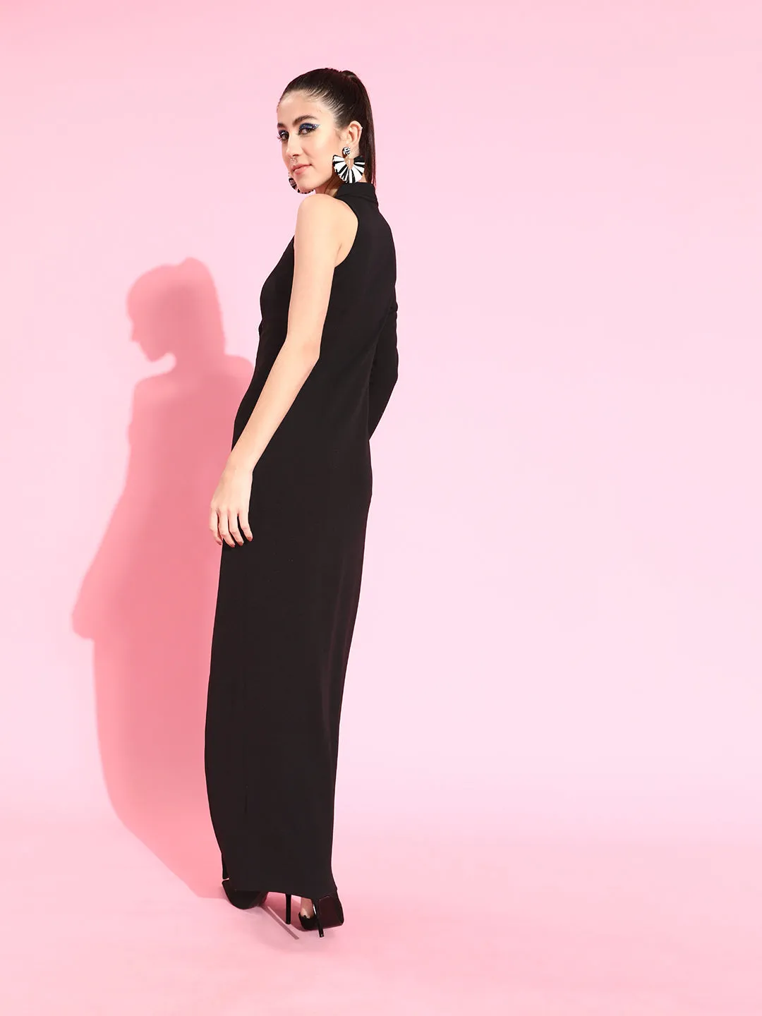 Crease Ease Women's Black Solid Asymmetric Sequined Blazer Maxi Dress