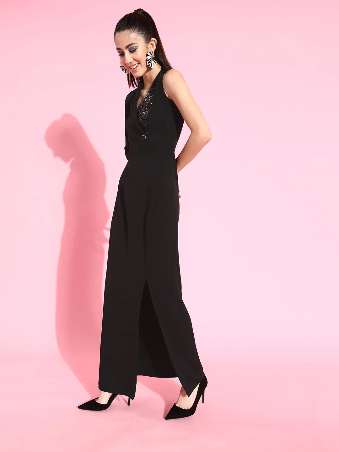 Crease Ease Women's Black Solid Asymmetric Sequined Blazer Maxi Dress