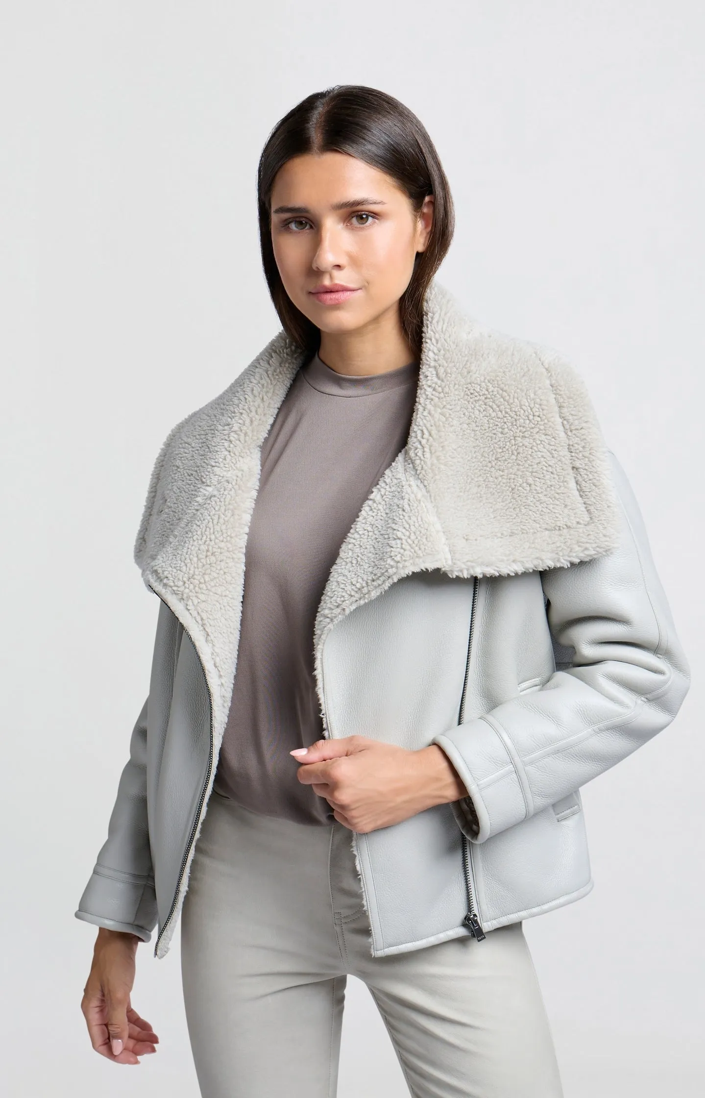 Faux leather lammy jacket with collar, zipper and pockets