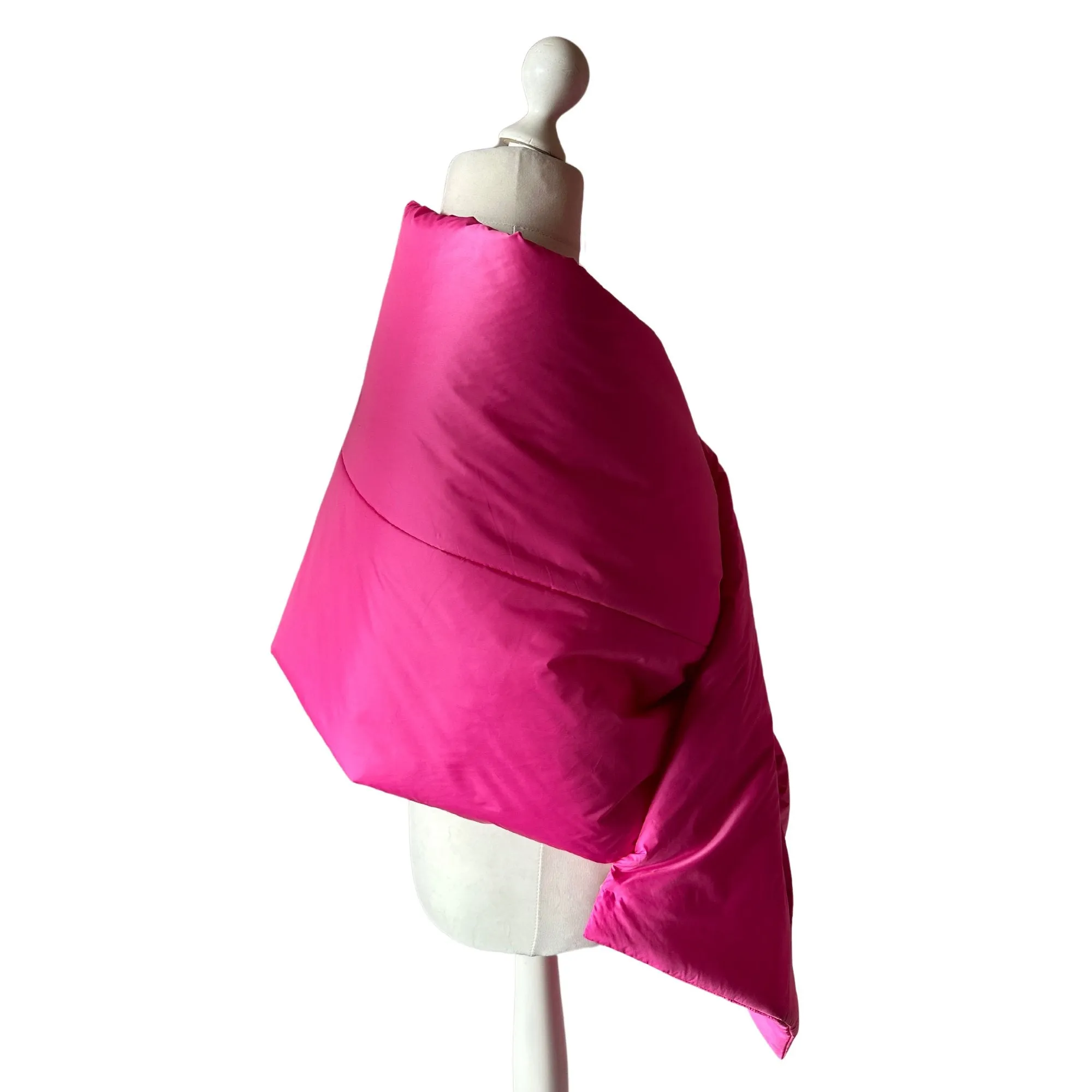 Hot Pink Long Cape Lagre Wide Scarf Puffer 20x80 inch with 2 pocket and Belt. Cape around shoulders wrap. Winter quilted shawl. Warm padded scarf. Down puffy scarves.