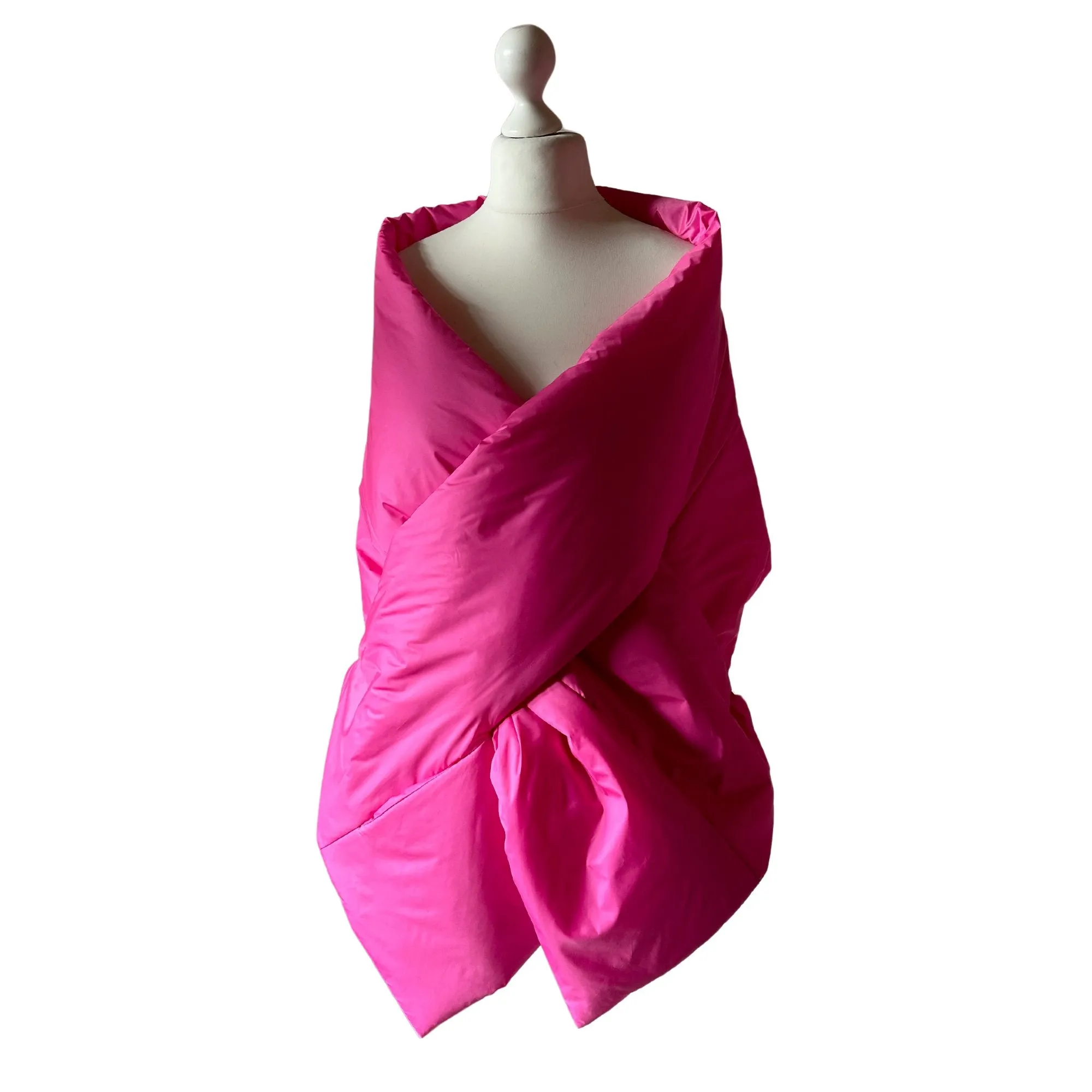 Hot Pink Long Cape Lagre Wide Scarf Puffer 20x80 inch with 2 pocket and Belt. Cape around shoulders wrap. Winter quilted shawl. Warm padded scarf. Down puffy scarves.