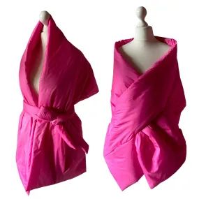 Hot Pink Long Cape Lagre Wide Scarf Puffer 20x80 inch with 2 pocket and Belt. Cape around shoulders wrap. Winter quilted shawl. Warm padded scarf. Down puffy scarves.