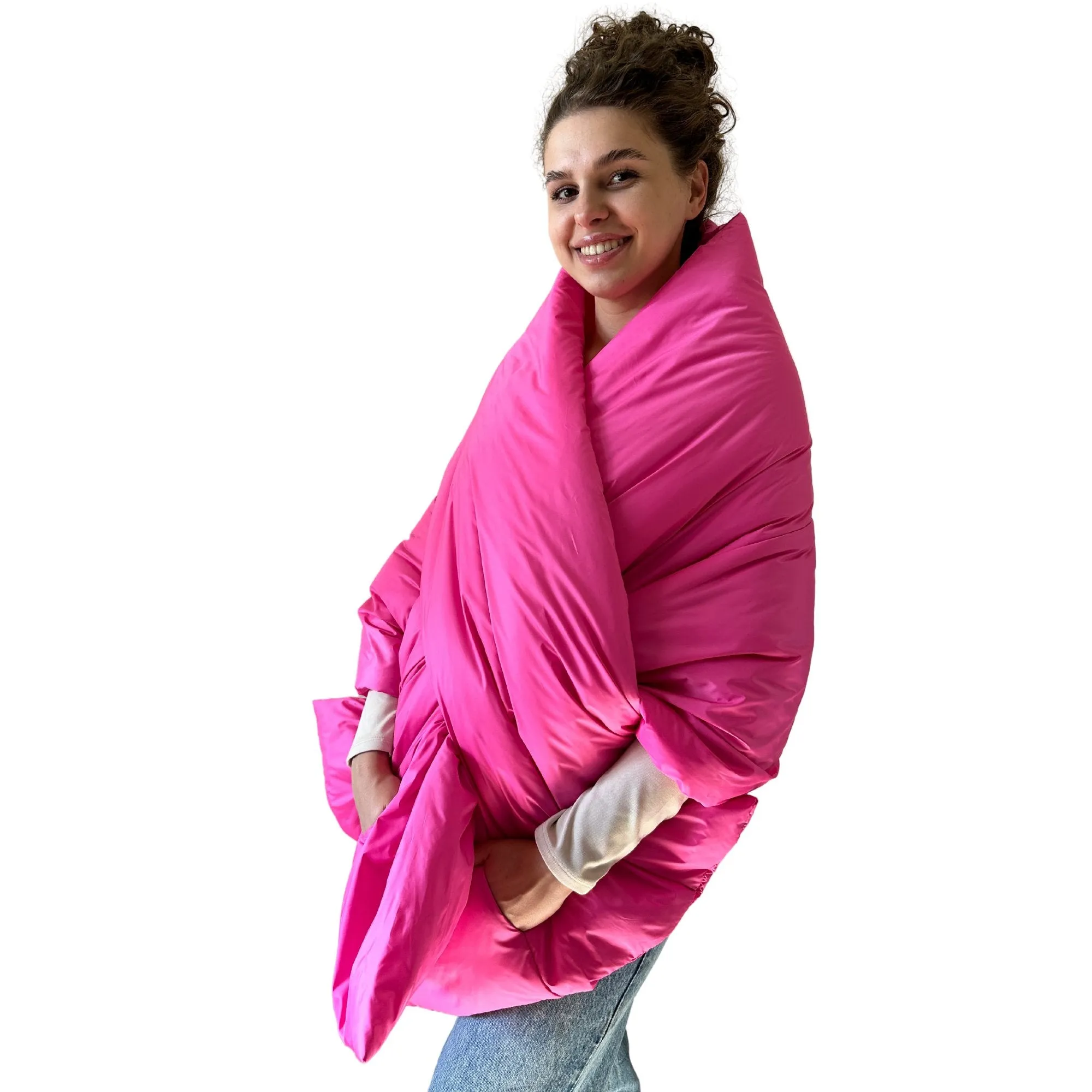 Hot Pink Long Cape Lagre Wide Scarf Puffer 25x80 inch with 2 pocket and Belt