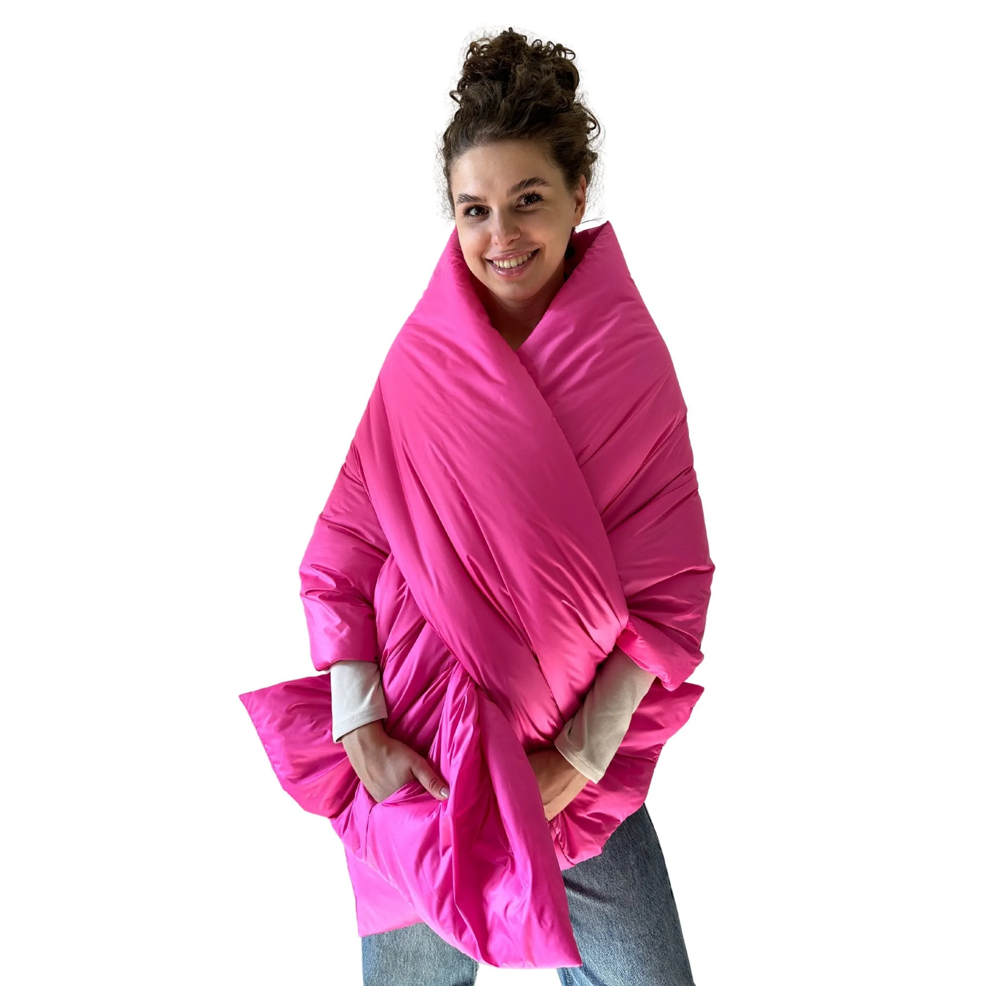 Hot Pink Long Cape Lagre Wide Scarf Puffer 25x80 inch with 2 pocket and Belt