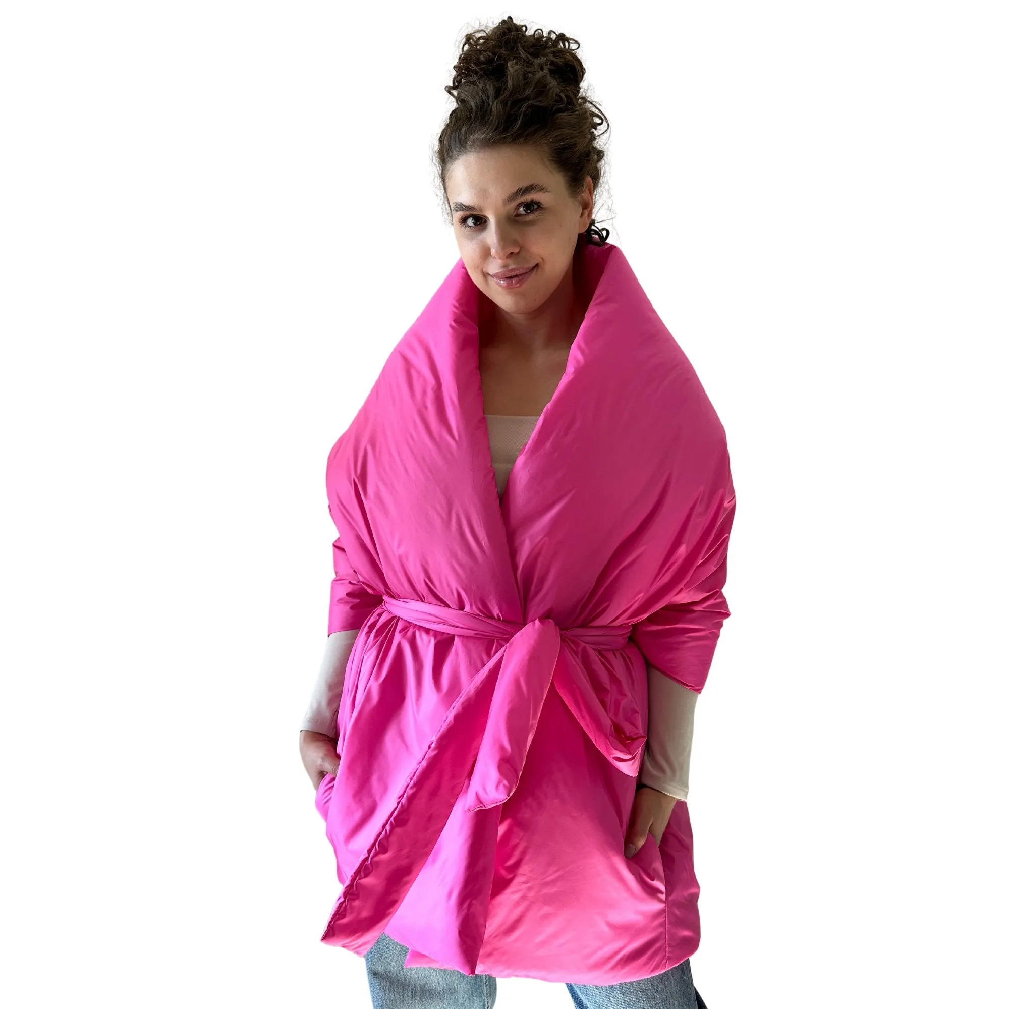 Hot Pink Long Cape Lagre Wide Scarf Puffer 25x80 inch with 2 pocket and Belt