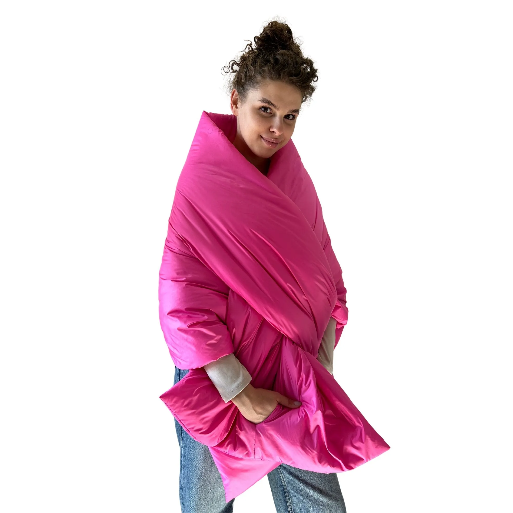 Hot Pink Long Cape Lagre Wide Scarf Puffer 25x80 inch with 2 pocket and Belt