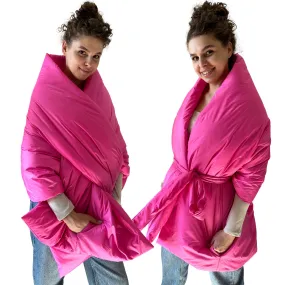 Hot Pink Long Cape Lagre Wide Scarf Puffer 25x80 inch with 2 pocket and Belt
