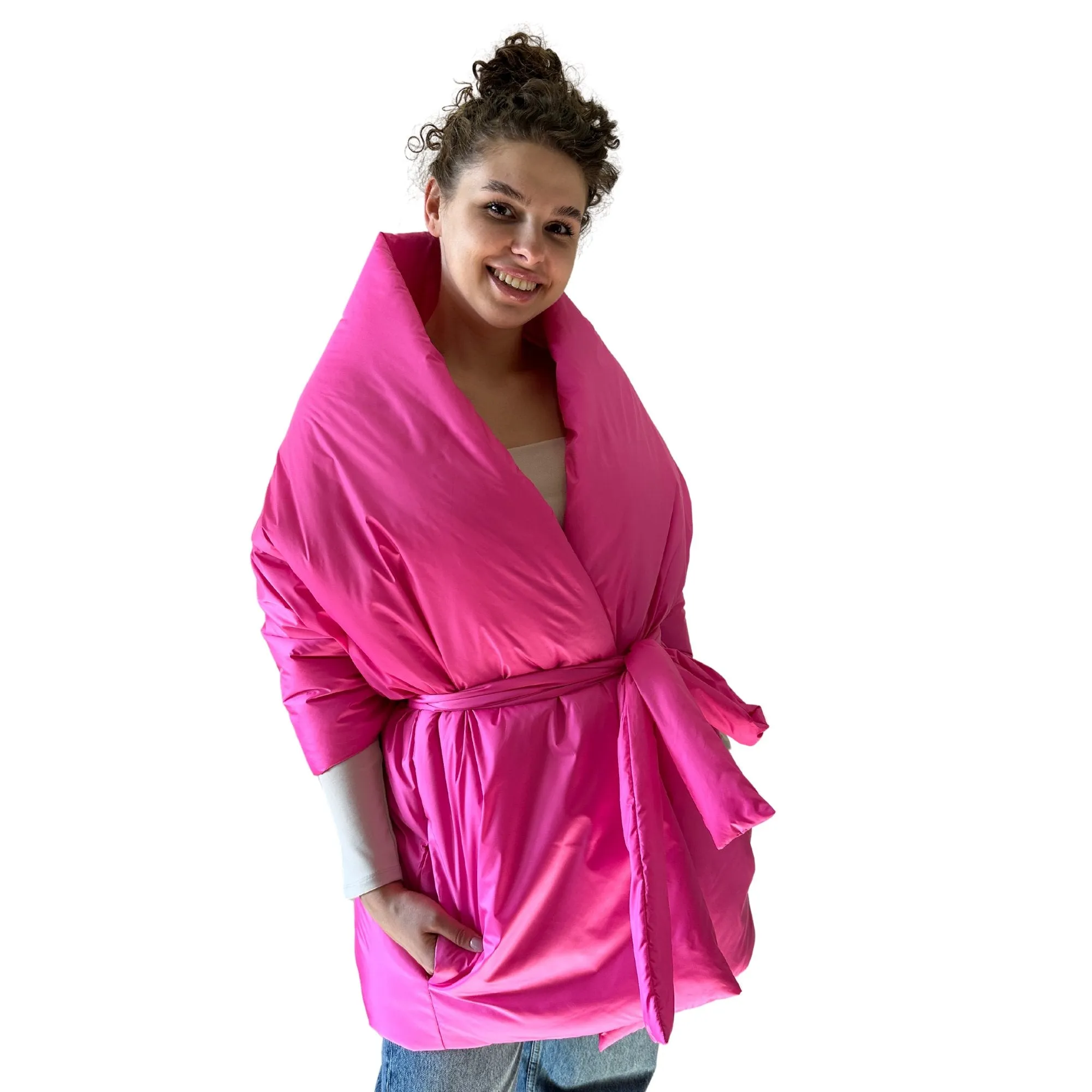 Hot Pink Long Cape Lagre Wide Scarf Puffer 25x80 inch with 2 pocket and Belt