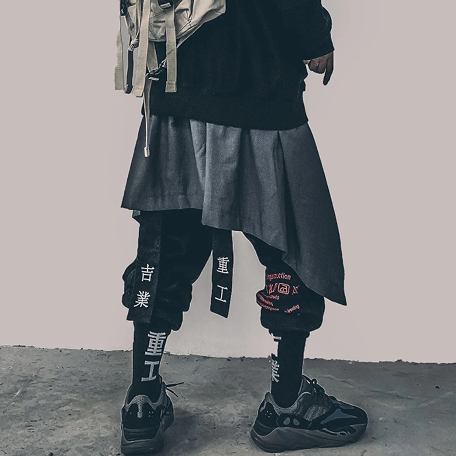 Irregular Hip Hop Men Harem Skirt Pants Harajuku Adjustable Streetwear Black Pleated Apron Gothic Jogger Trouser