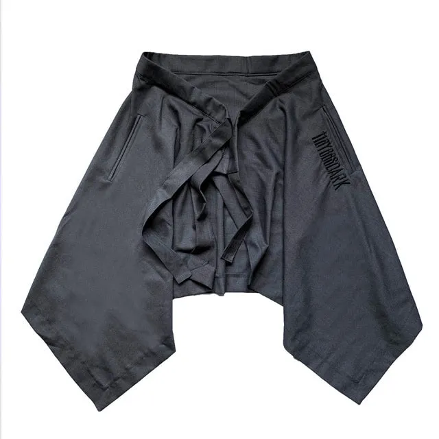 Irregular Hip Hop Men Harem Skirt Pants Harajuku Adjustable Streetwear Black Pleated Apron Gothic Jogger Trouser