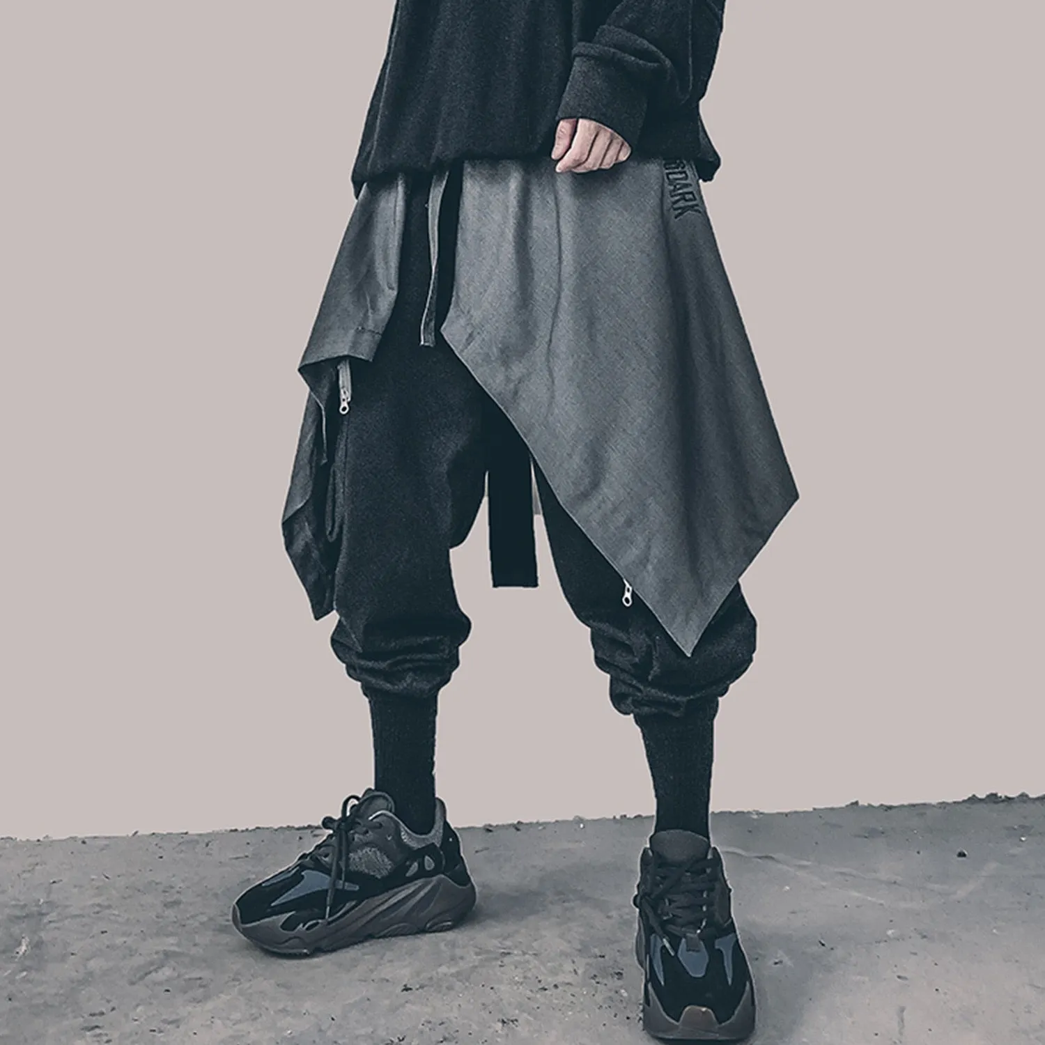 Irregular Hip Hop Men Harem Skirt Pants Harajuku Adjustable Streetwear Black Pleated Apron Gothic Jogger Trouser