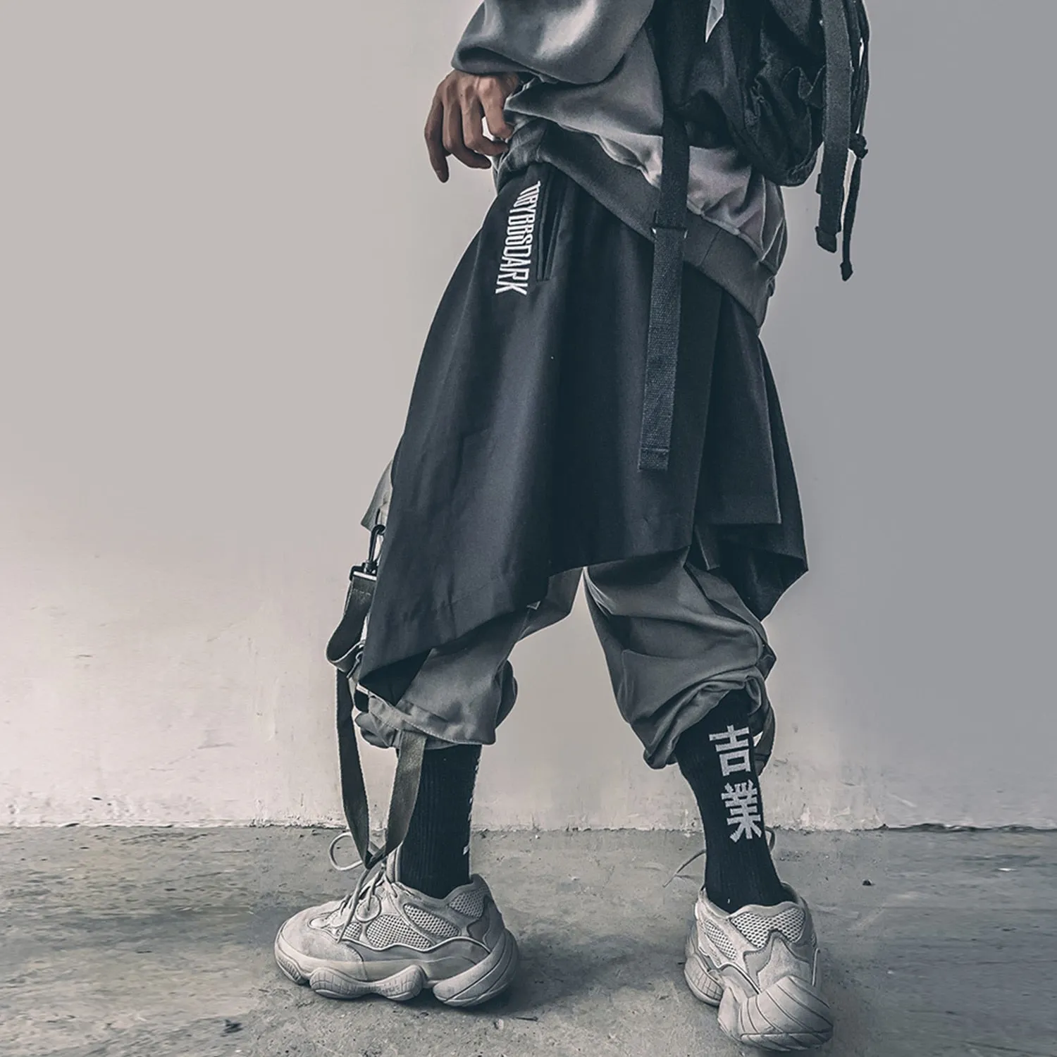 Irregular Hip Hop Men Harem Skirt Pants Harajuku Adjustable Streetwear Black Pleated Apron Gothic Jogger Trouser