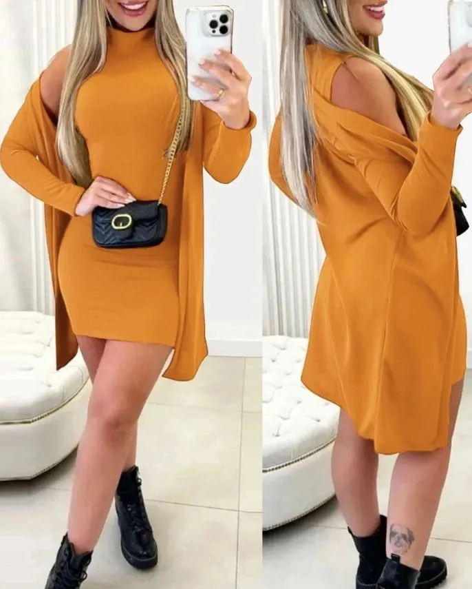 Joskaa Elegant Two Piece Set for Woman Stand Up Collar Sleeveless Vest Bodycon Dress Long Sleeve Cardigan Jacket Sexy Women's Skirt Set