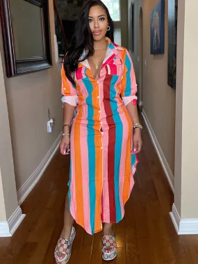 Long Sleeve Striped Button Down Long Shirt