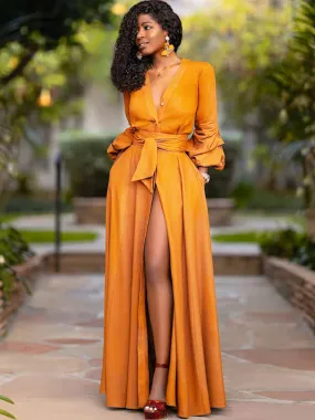 Long Sleeve V Neck Solid Maxi Dresses
