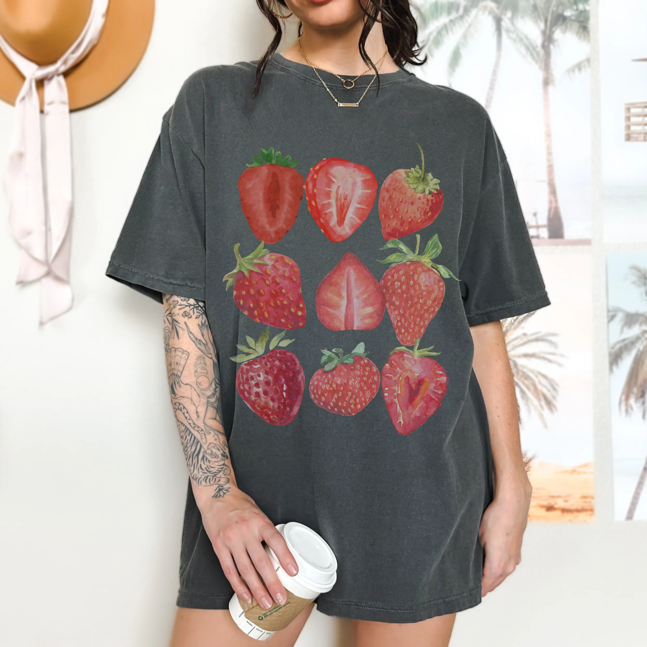 Retro Strawberries Comfort Colors® T-Shirt, T-Shirt Dress, Faded Graphic Design Tee, Oversized print, BOHO, T-Shirt, Gift for Mom