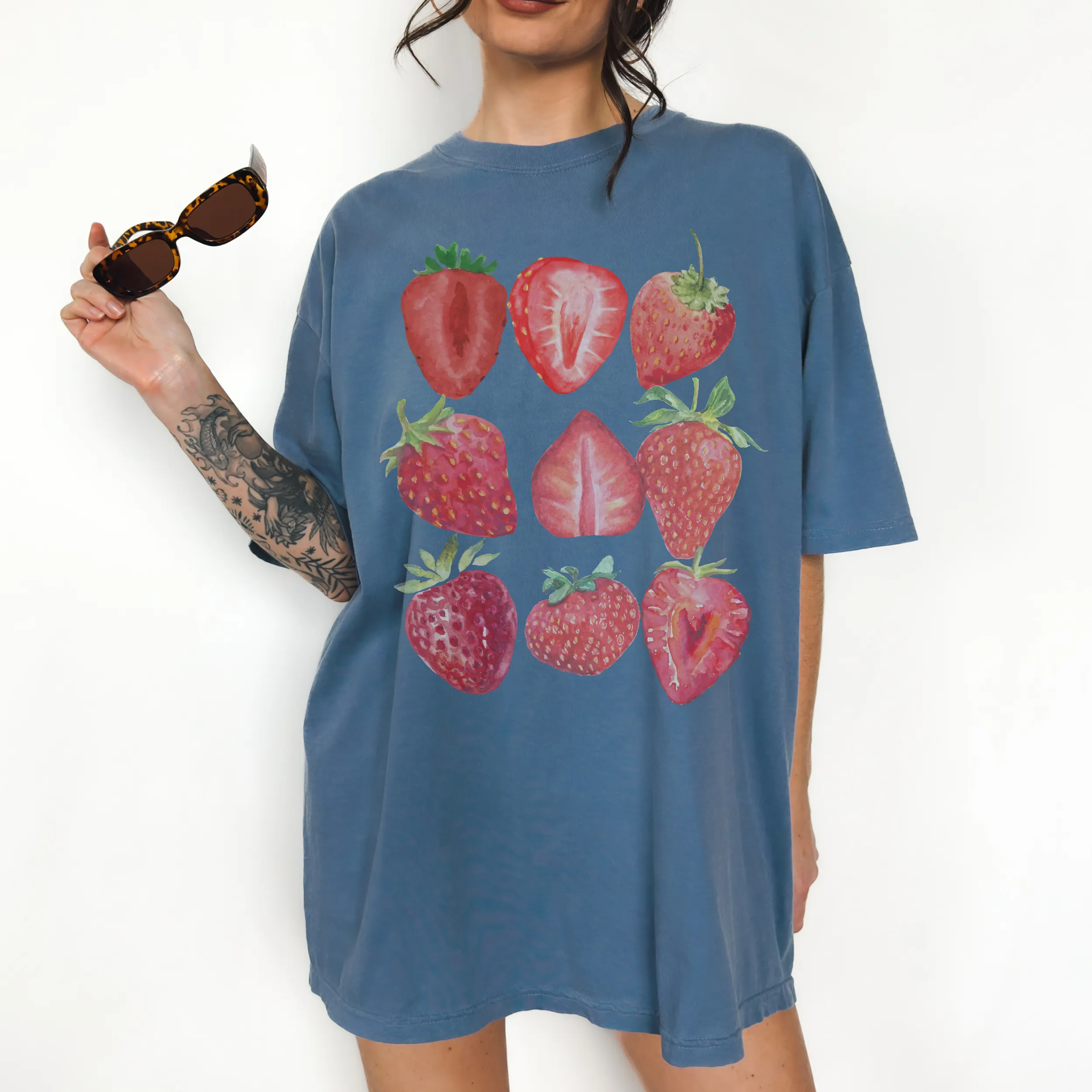 Retro Strawberries Comfort Colors® T-Shirt, T-Shirt Dress, Faded Graphic Design Tee, Oversized print, BOHO, T-Shirt, Gift for Mom