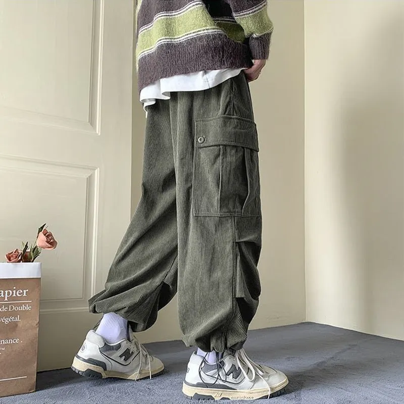Riolio Corduroy Cargo Pants for Men Streetwear Black Cargo Trousers Male Joggers Hip Hop Green Black Japanese Pocket Korean