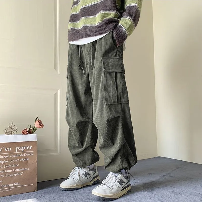 Riolio Corduroy Cargo Pants for Men Streetwear Black Cargo Trousers Male Joggers Hip Hop Green Black Japanese Pocket Korean