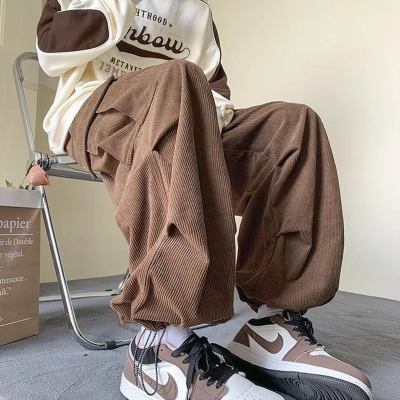 Riolio Corduroy Cargo Pants for Men Streetwear Black Cargo Trousers Male Joggers Hip Hop Green Black Japanese Pocket Korean