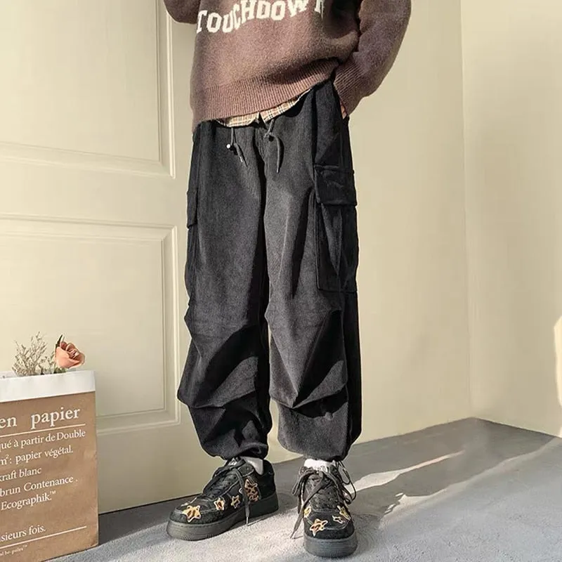 Riolio Corduroy Cargo Pants for Men Streetwear Black Cargo Trousers Male Joggers Hip Hop Green Black Japanese Pocket Korean