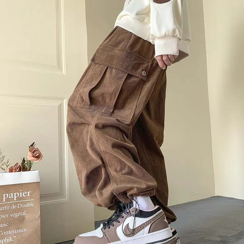 Riolio Corduroy Cargo Pants for Men Streetwear Black Cargo Trousers Male Joggers Hip Hop Green Black Japanese Pocket Korean