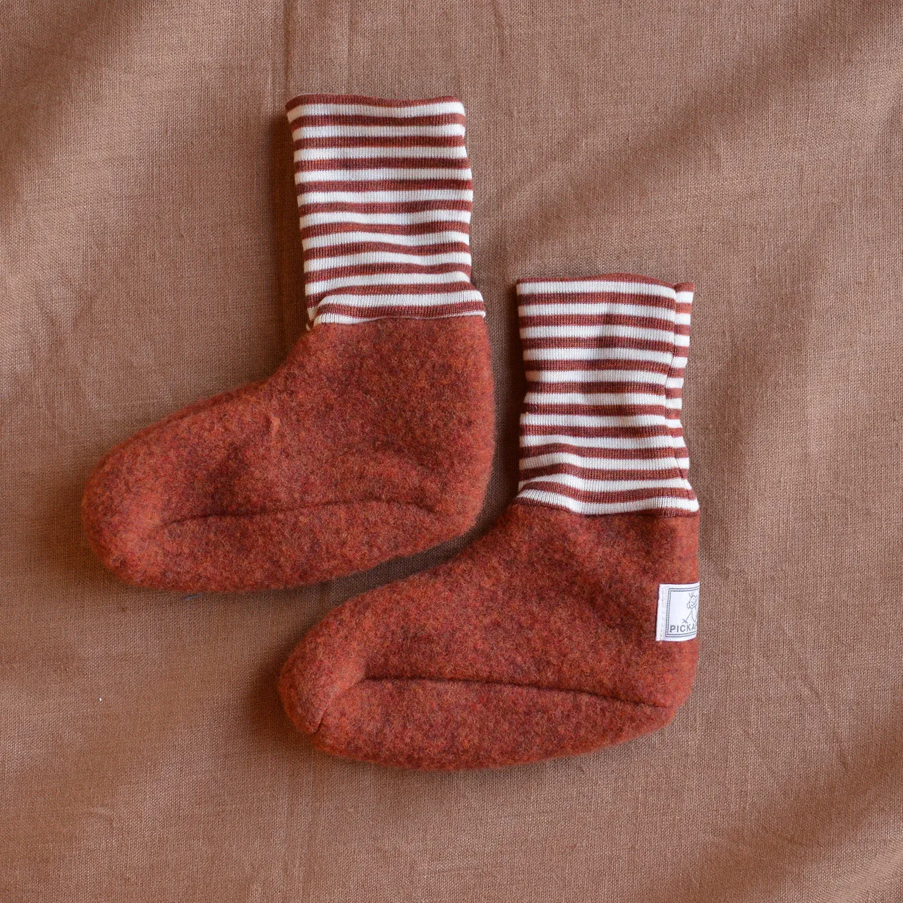 Sox Baby Booties/Socks with Striped Cuffs - Organic Wool Fleece (0-2y)