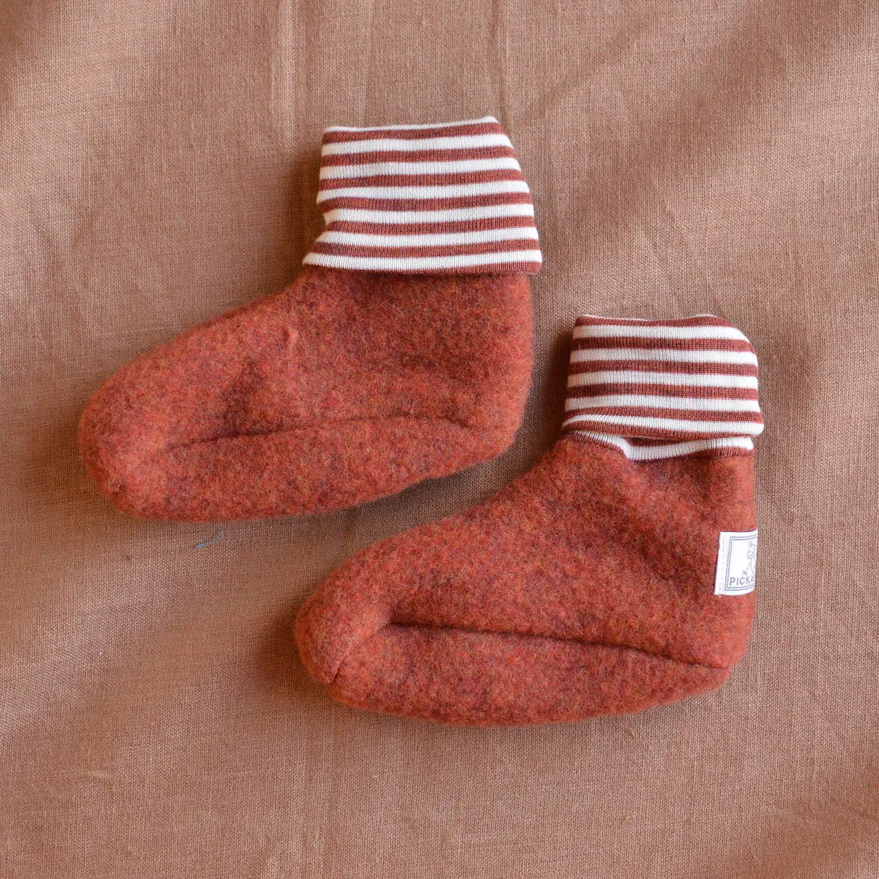 Sox Baby Booties/Socks with Striped Cuffs - Organic Wool Fleece (0-2y)