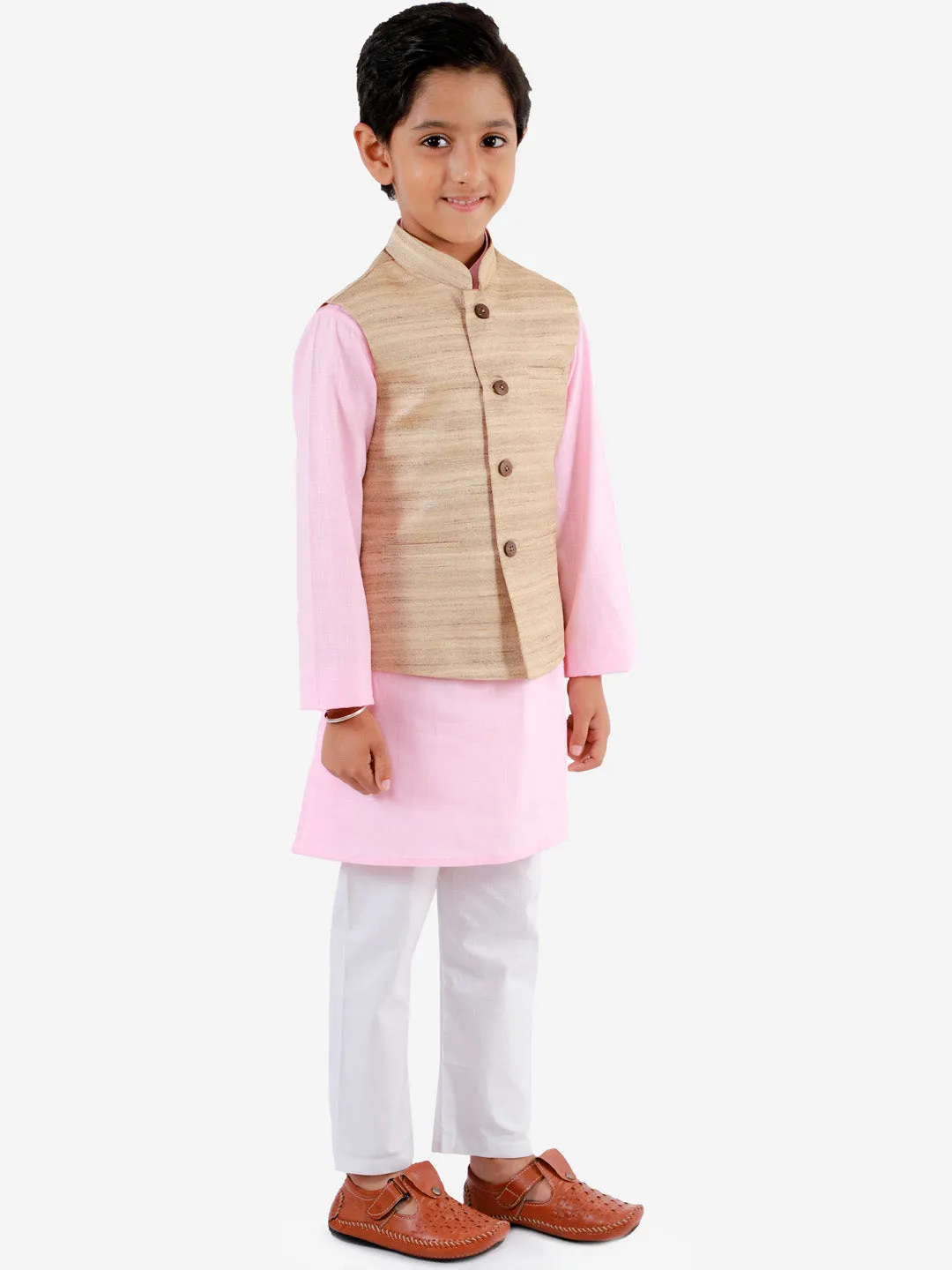 VASTRAMAY Beige, Pink And White Baap Beta Nehru Jacket Kurta Pyjama set