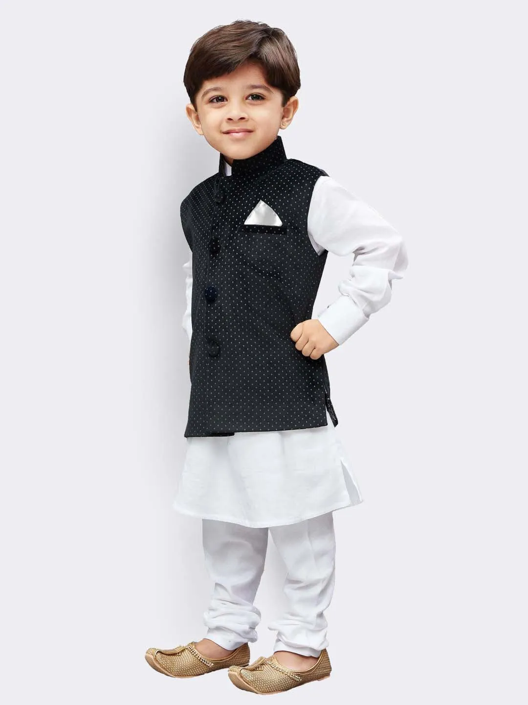 Vastramay Cotton White And Black Baap Beta Jacket Kurta Pyjama set