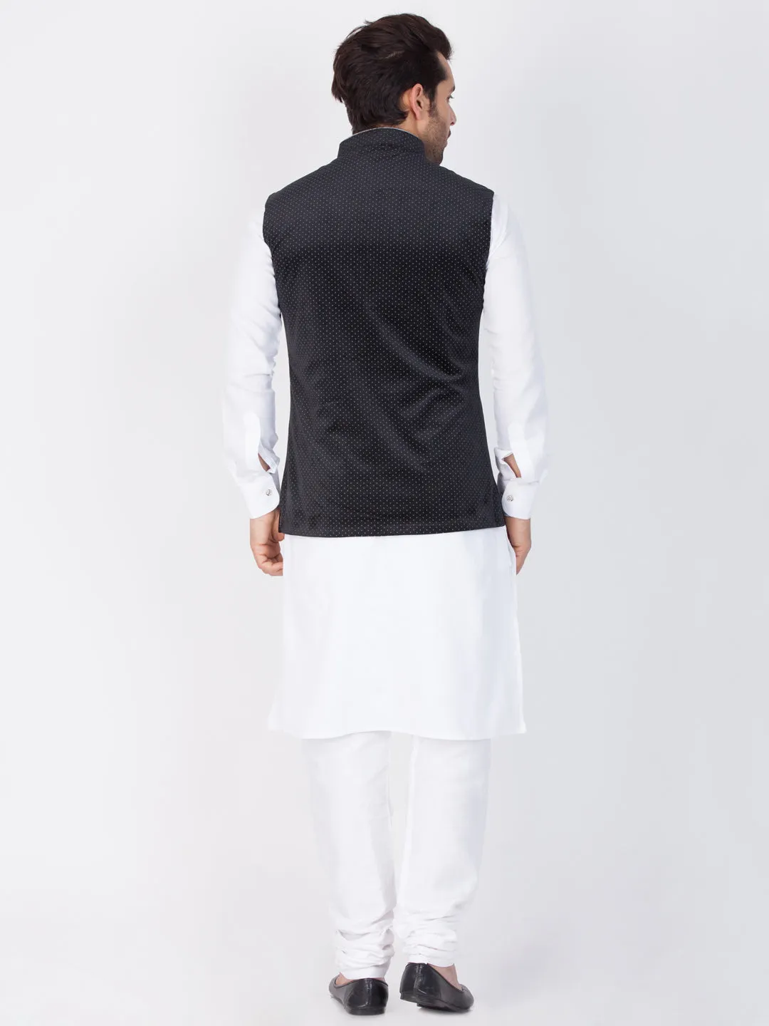 Vastramay Cotton White And Black Baap Beta Jacket Kurta Pyjama set