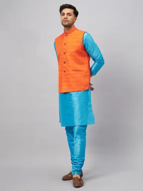 VASTRAMAY Men's Orange Matka Silk Nehru Jacket