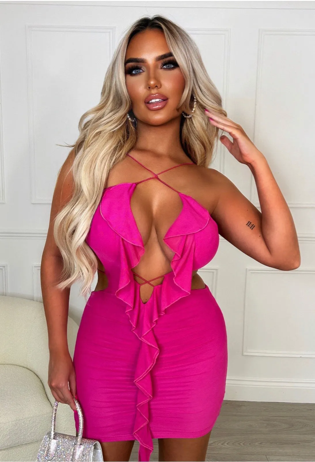Weekend Frills Pink Premium Ruffle Mesh Lace Up Mini Dress
