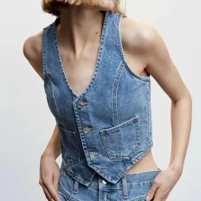 Women's Denim Vest Sleeveless Crop Tops Button Denim Gilet Jacket Casual V Neck Jean Waistcoat Streetwear