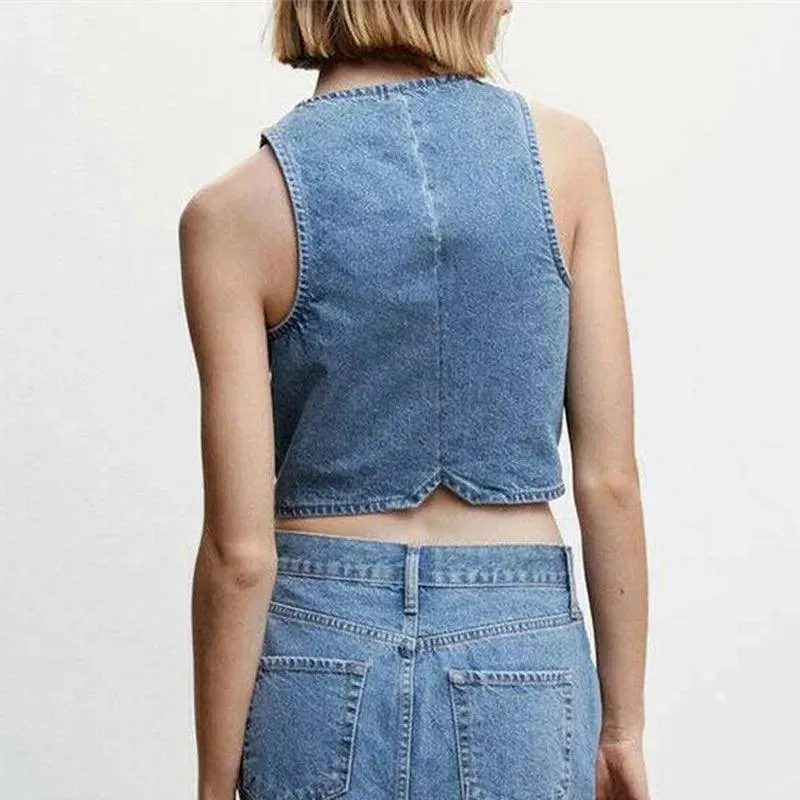 Women's Denim Vest Sleeveless Crop Tops Button Denim Gilet Jacket Casual V Neck Jean Waistcoat Streetwear